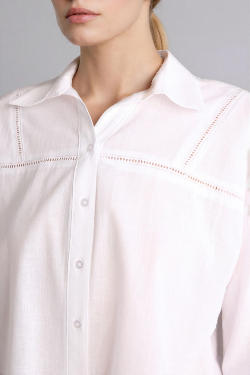 Kadın Beyaz Relax Fıt Flamlı Pamuk