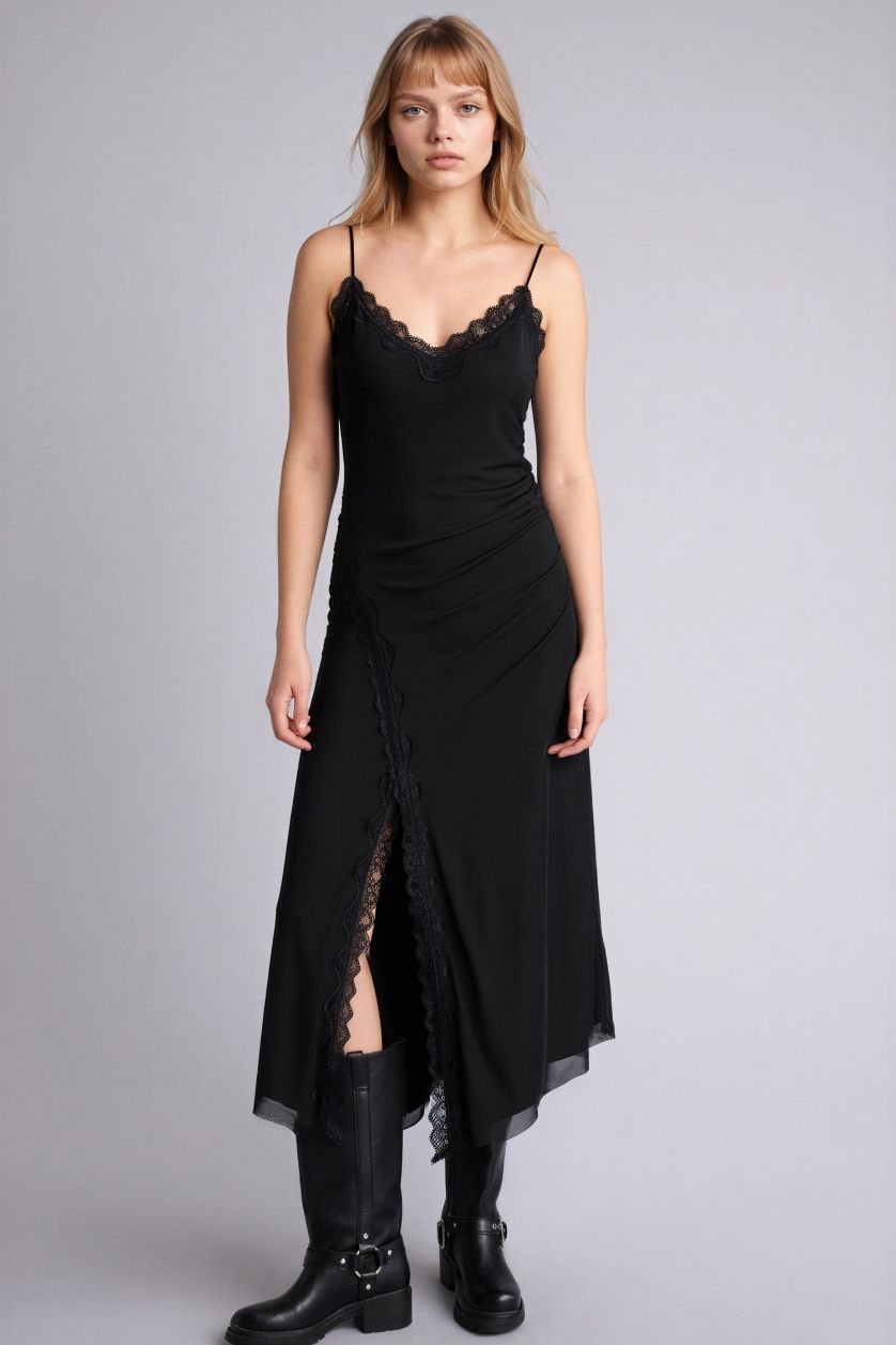 Woman Black V-Neck Tulle Midi Dress