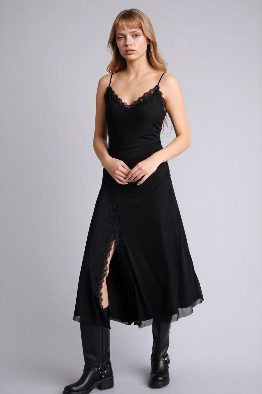 Woman Black V-Neck Tulle Midi Dress