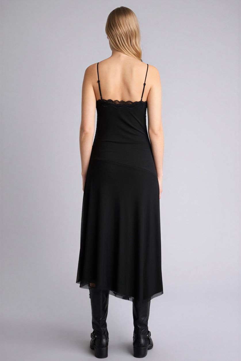 Woman Black V-Neck Tulle Midi Dress