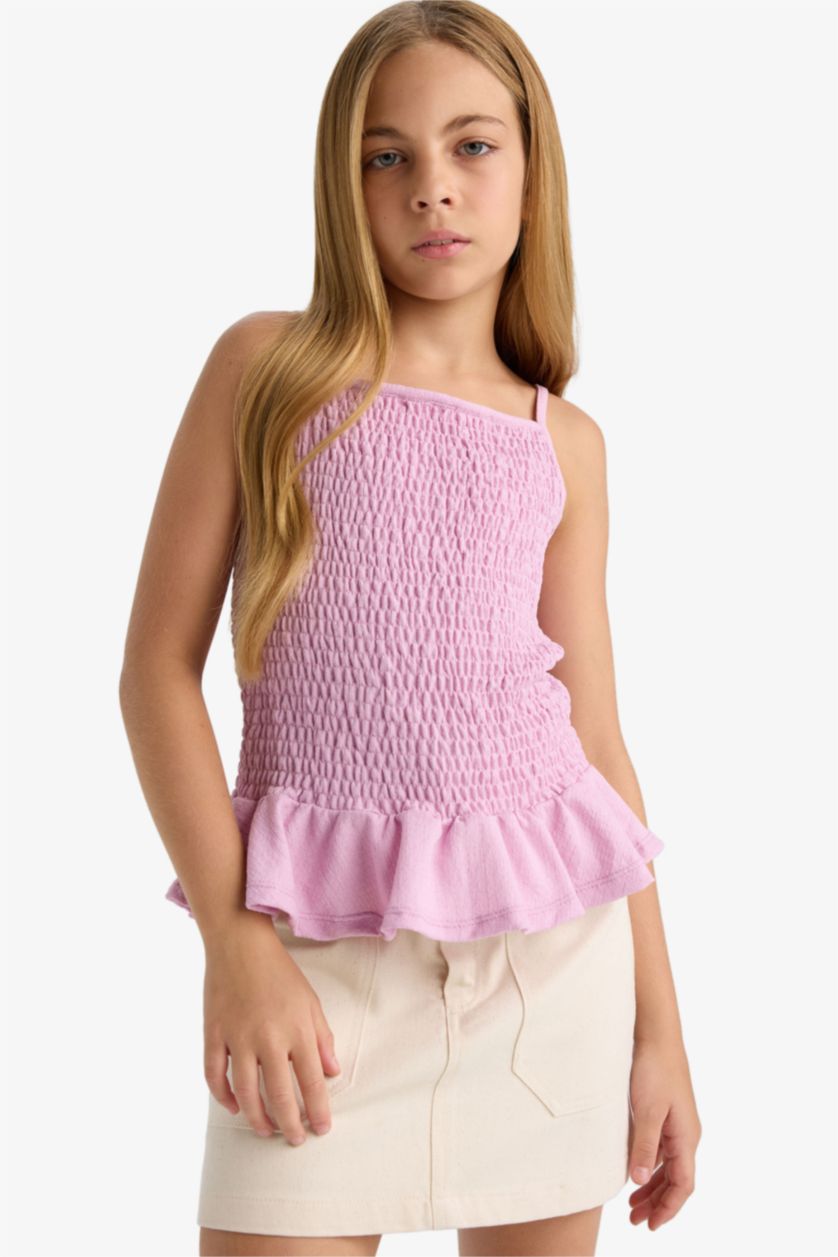 بناتي زهري بلوزة بناتي سليم فيت منسوج بحمالات