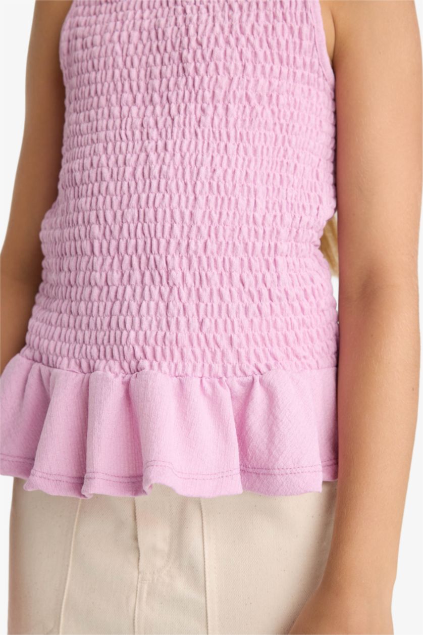 بناتي زهري بلوزة بناتي سليم فيت منسوج بحمالات