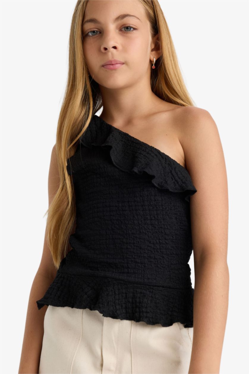 GIRLS & TEENS Black Girl One Shoulder Ruffled Slim Fit Blouse