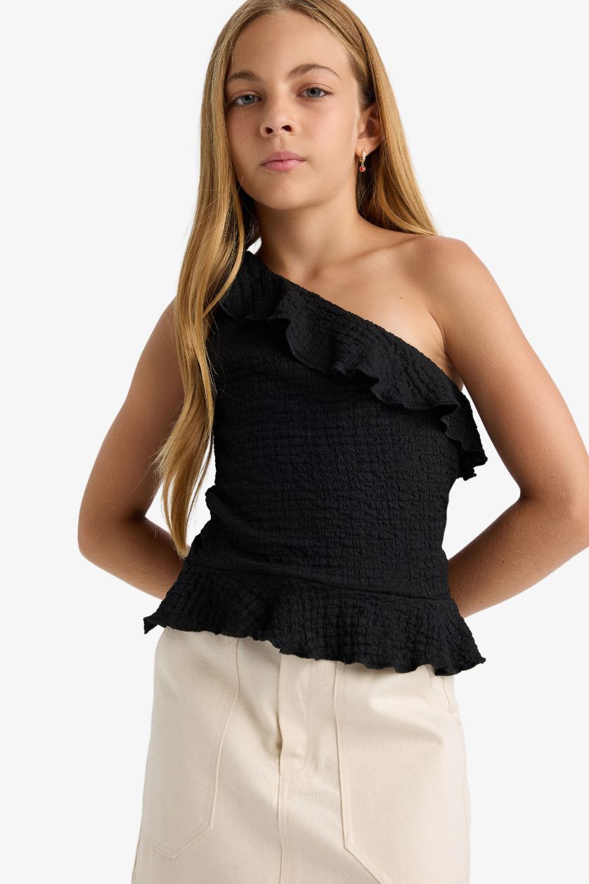 GIRLS & TEENS Black Girl One Shoulder Ruffled Slim Fit Blouse