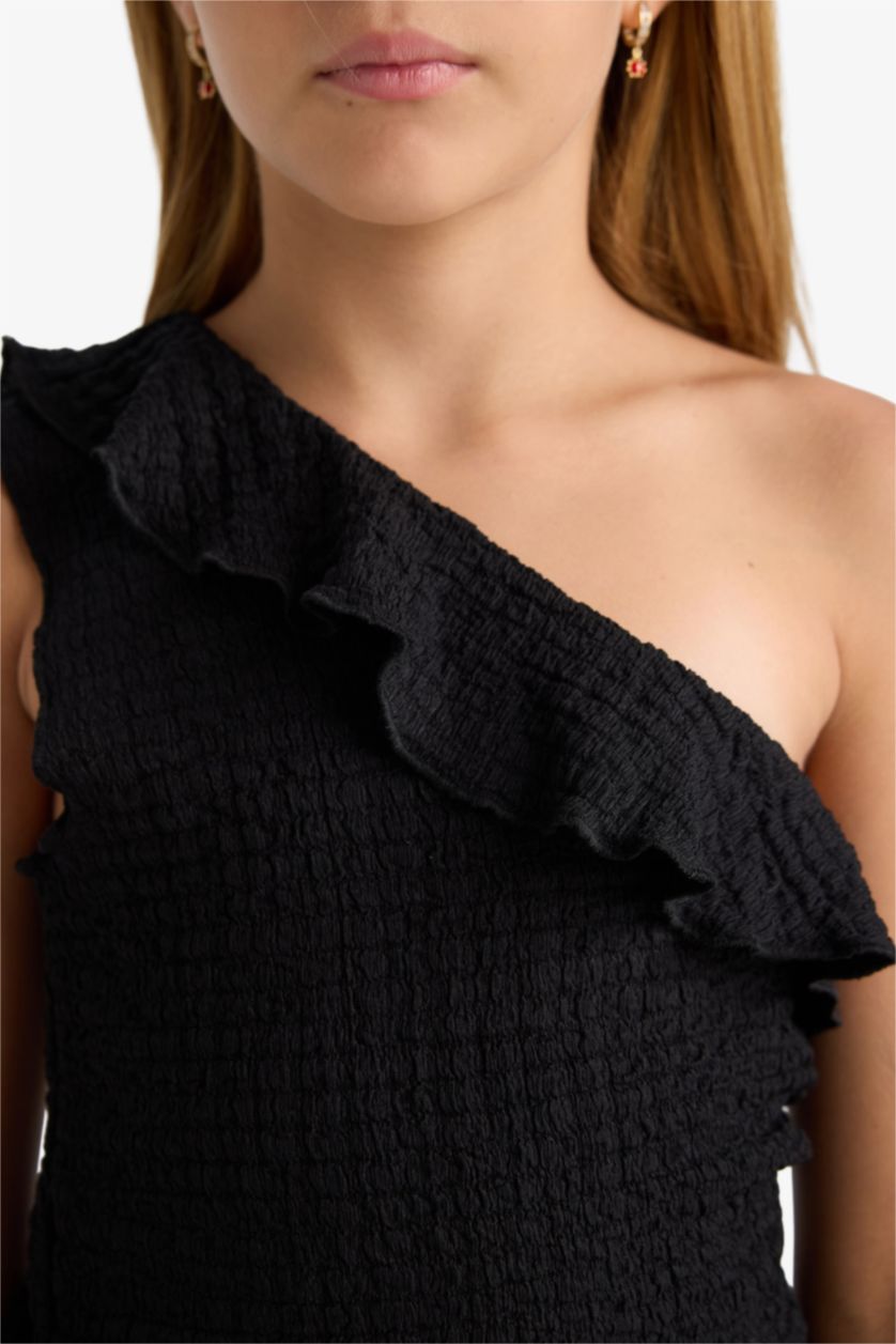 GIRLS & TEENS Black Girl One Shoulder Ruffled Slim Fit Blouse
