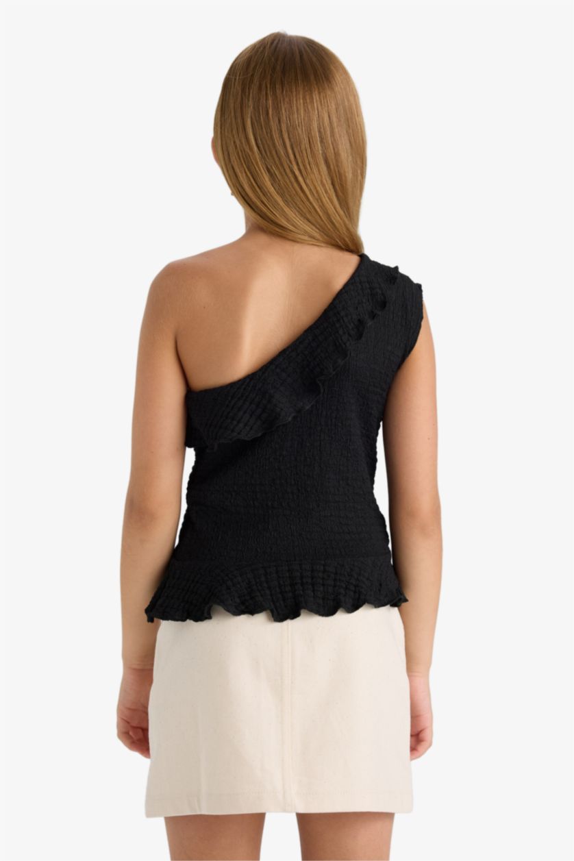 GIRLS & TEENS Black Girl One Shoulder Ruffled Slim Fit Blouse