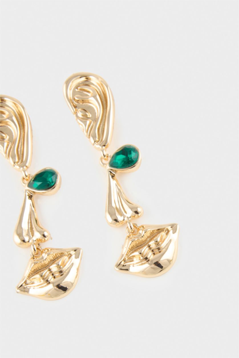 Kadın Altın Kadın Yeşil Taşlı Sallantılı Gold Küpe