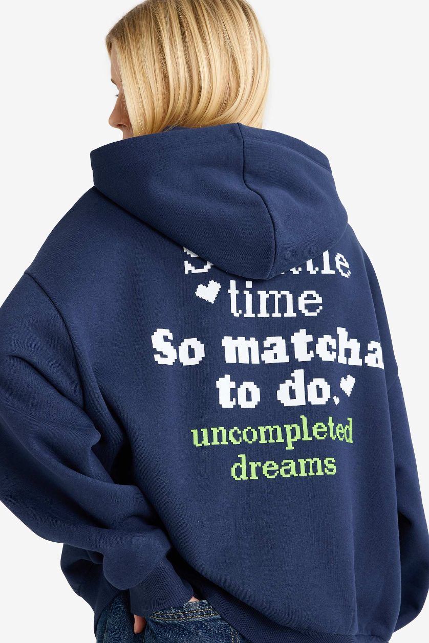 Woman NAVY Overshirt Fit Hooded Printed Thick Sweatshirt