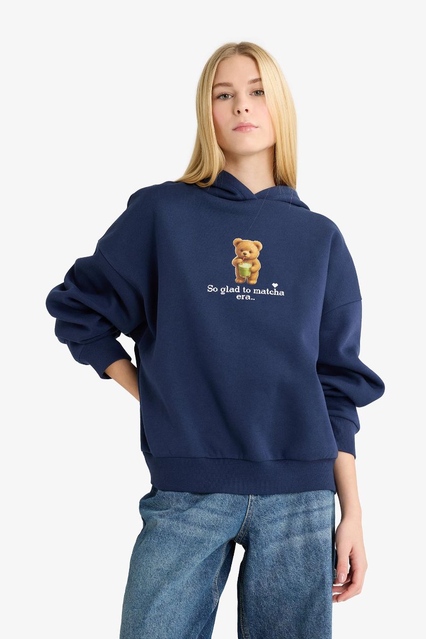 Woman NAVY Overshirt Fit Hooded Printed Thick Sweatshirt
