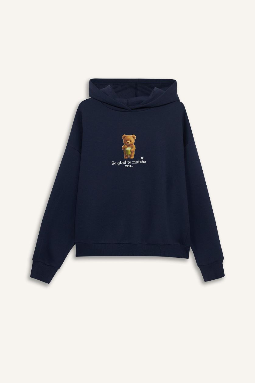 Woman NAVY Overshirt Fit Hooded Printed Thick Sweatshirt