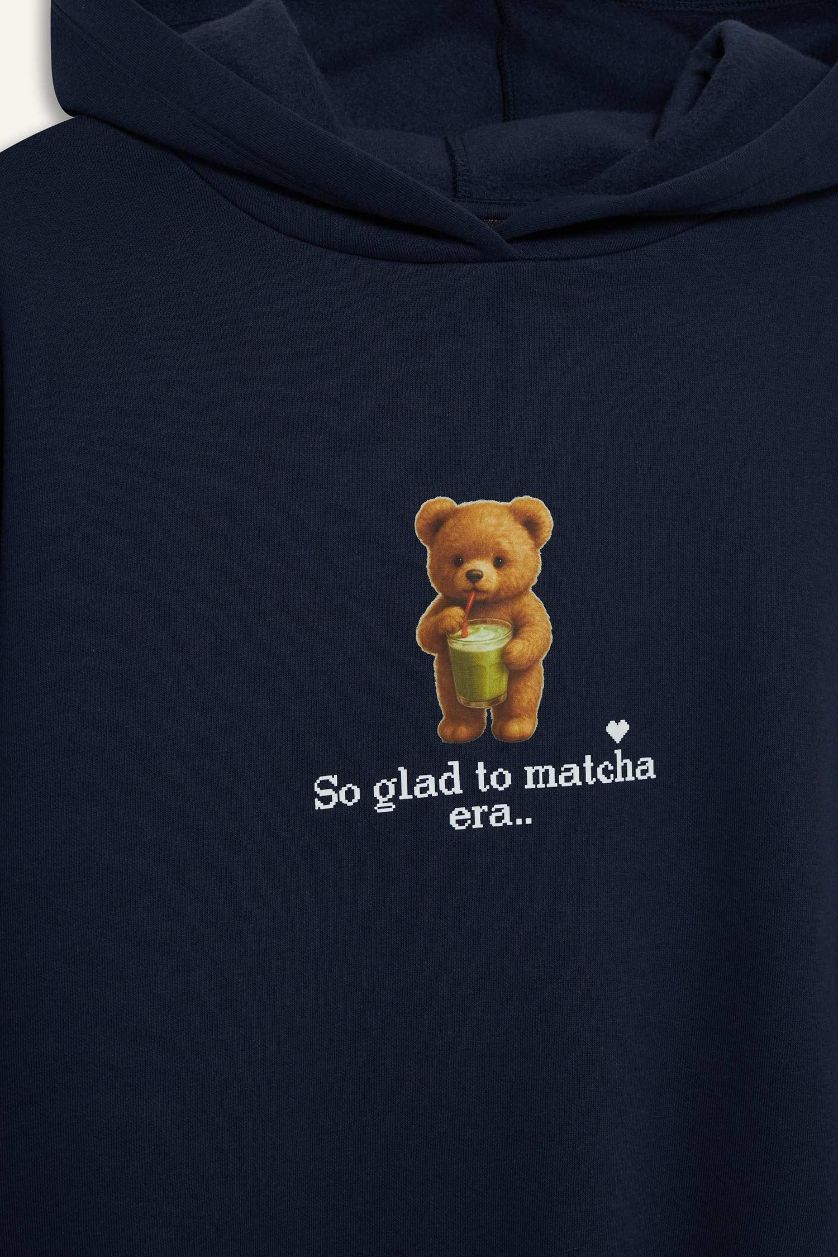 Woman NAVY Overshirt Fit Hooded Printed Thick Sweatshirt