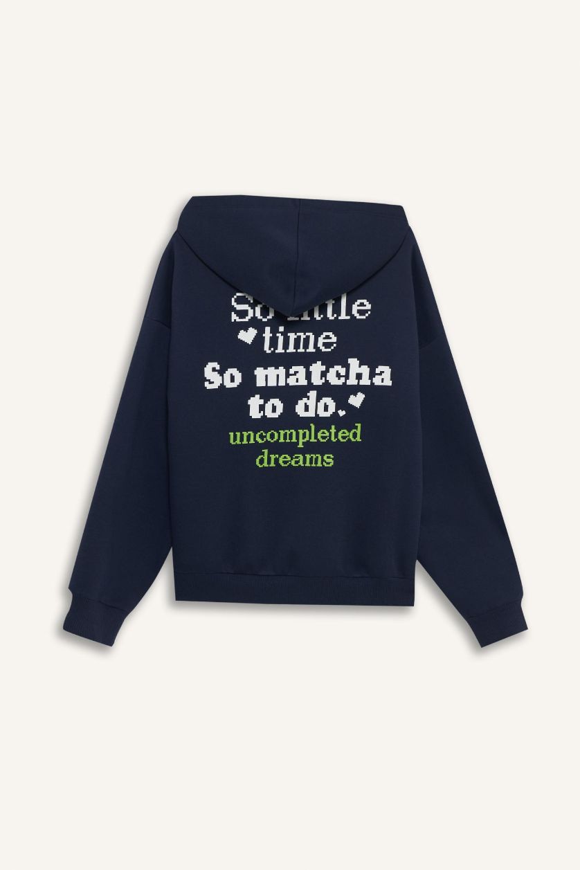 Woman NAVY Overshirt Fit Hooded Printed Thick Sweatshirt