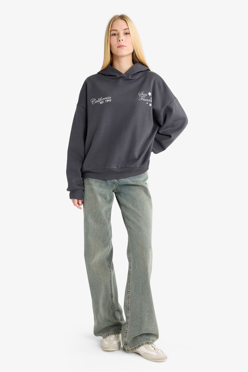 Kadın Antrasit Overshirt Fit Kapüşonlu Baskılı Kalın Sweatshirt