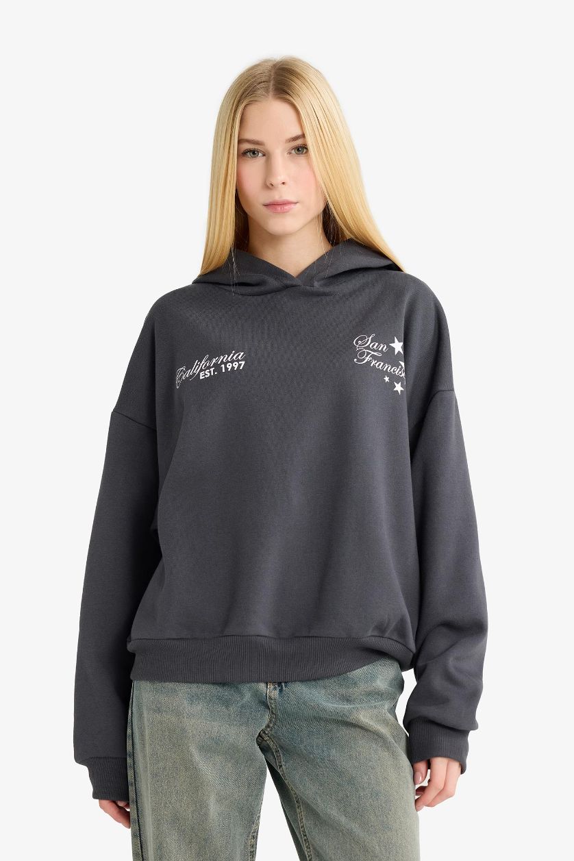 Kadın Antrasit Overshirt Fit Kapüşonlu Baskılı Kalın Sweatshirt