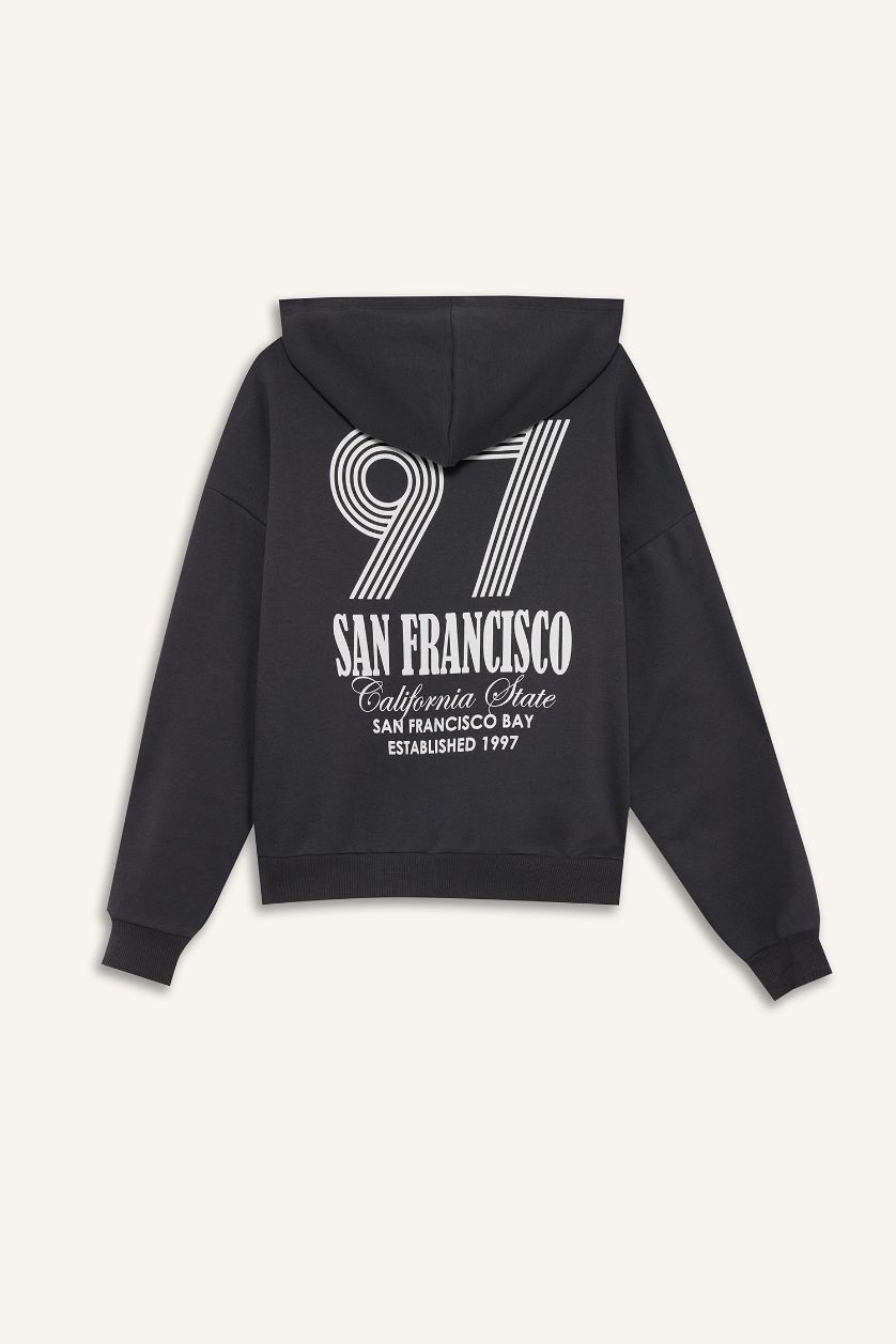 Kadın Antrasit Overshirt Fit Kapüşonlu Baskılı Kalın Sweatshirt