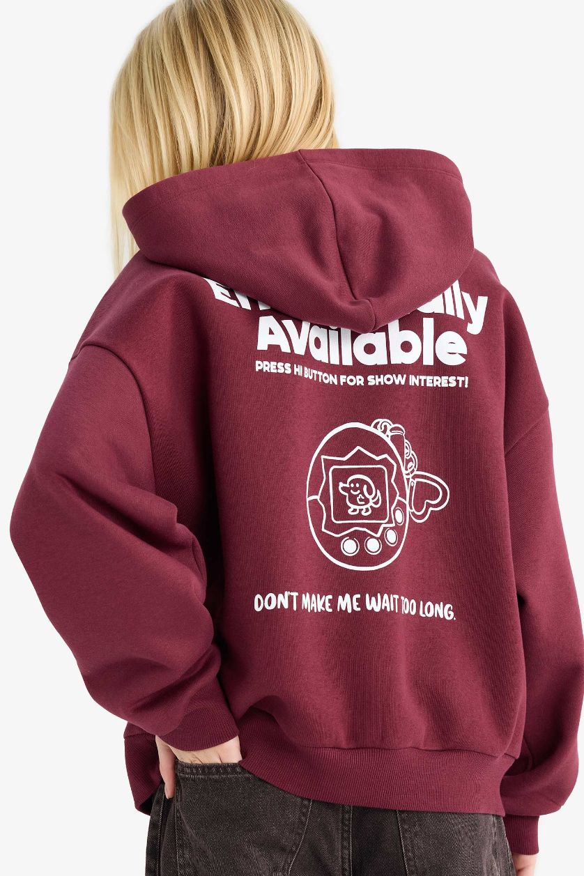 Kadın Bordo Overshirt Fit Kapüşonlu Baskılı Kalın Kumaş Sweatshirt