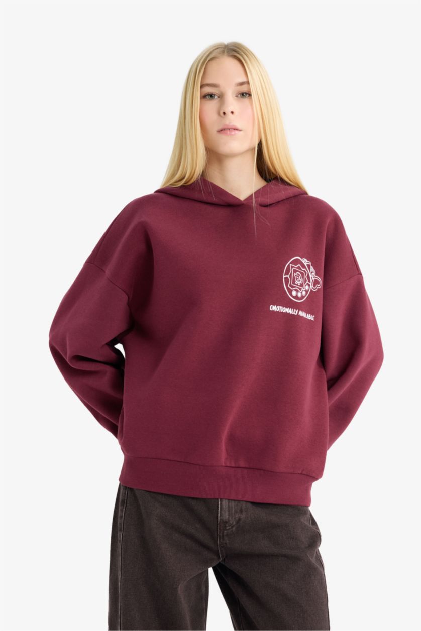 Kadın Bordo Overshirt Fit Kapüşonlu Baskılı Kalın Kumaş Sweatshirt