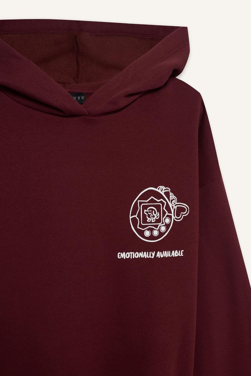 Kadın Bordo Overshirt Fit Kapüşonlu Baskılı Kalın Kumaş Sweatshirt