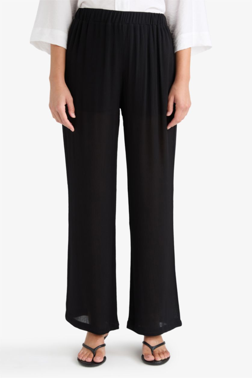 Kadın Siyah Relax Fıt Beli Lastikli Uzun Çapraz Dokuma Pantolon