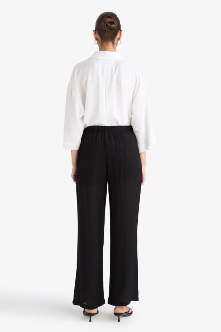 Kadın Siyah Relax Fıt Beli Lastikli Uzun Çapraz Dokuma Pantolon