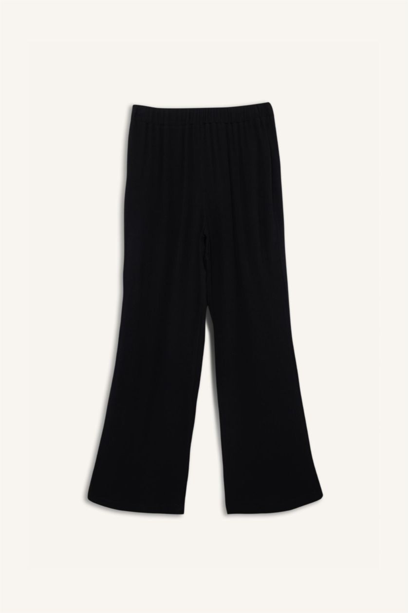 Kadın Siyah Relax Fıt Beli Lastikli Uzun Çapraz Dokuma Pantolon