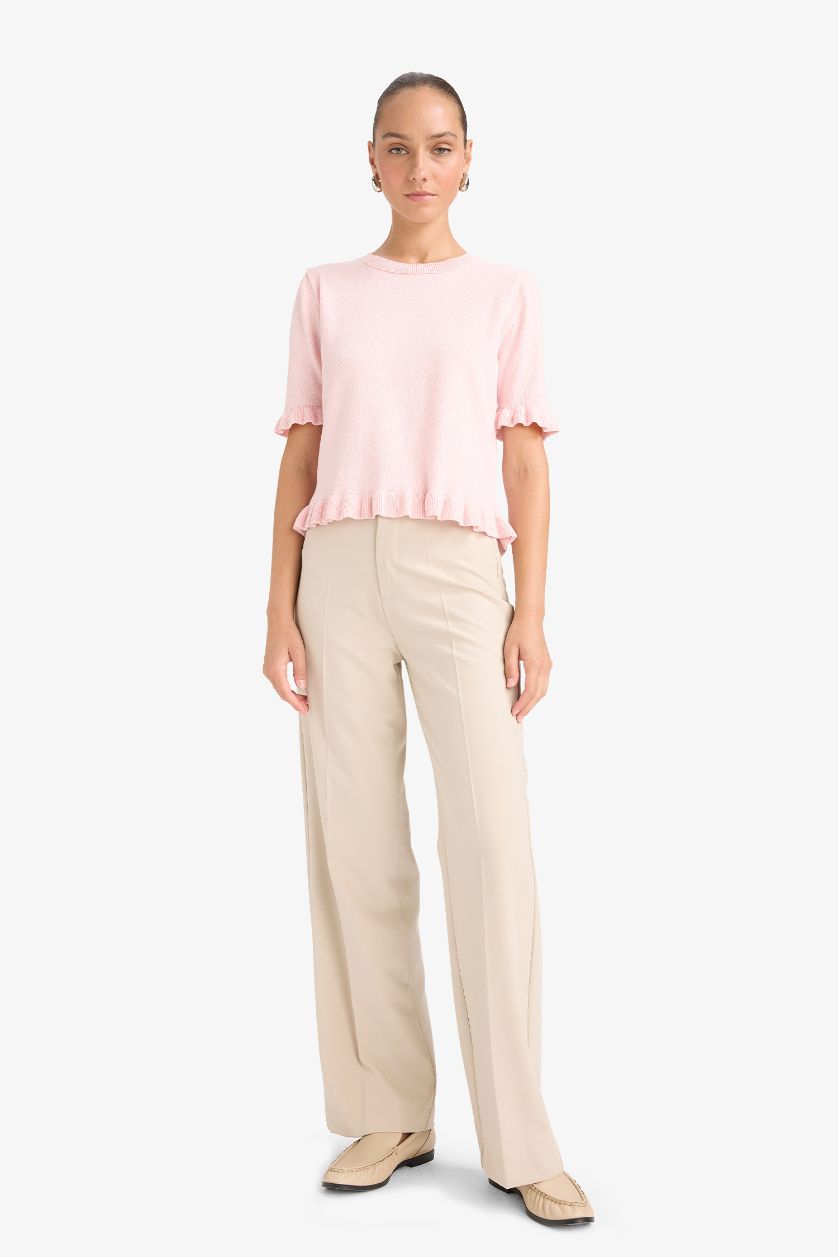 Kadın Açık Pembe Regular Fit Bisiklet Yaka Kısa Kollu Kazak