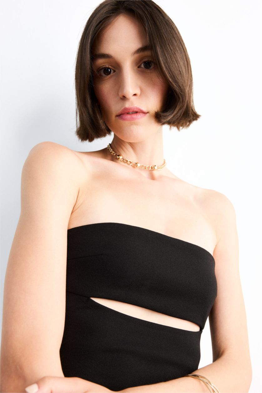 Kadın Siyah Fitted Straplez Çapraz Dokuma Bluz