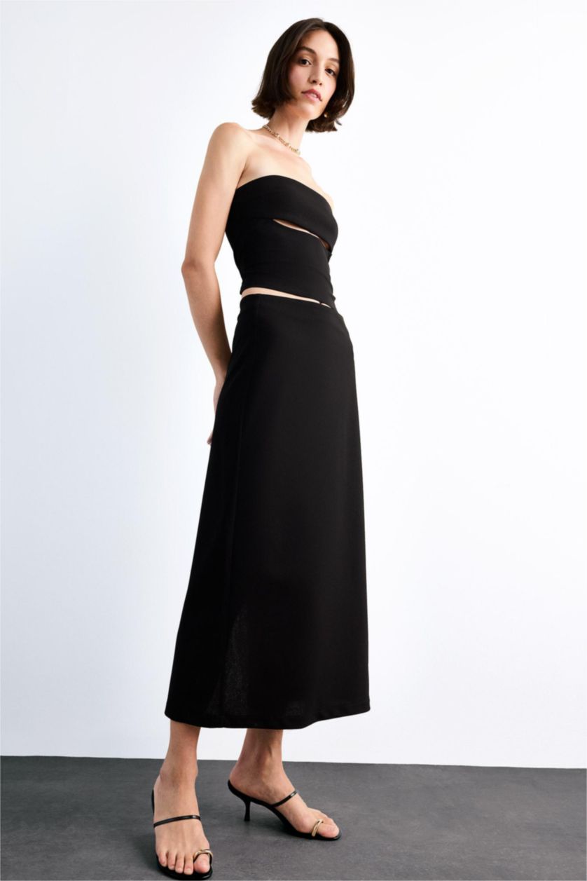 Kadın Siyah Fıtted Twill Midi Etek