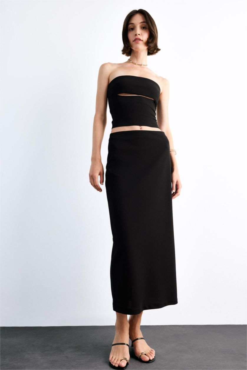 Kadın Siyah Fıtted Twill Midi Etek