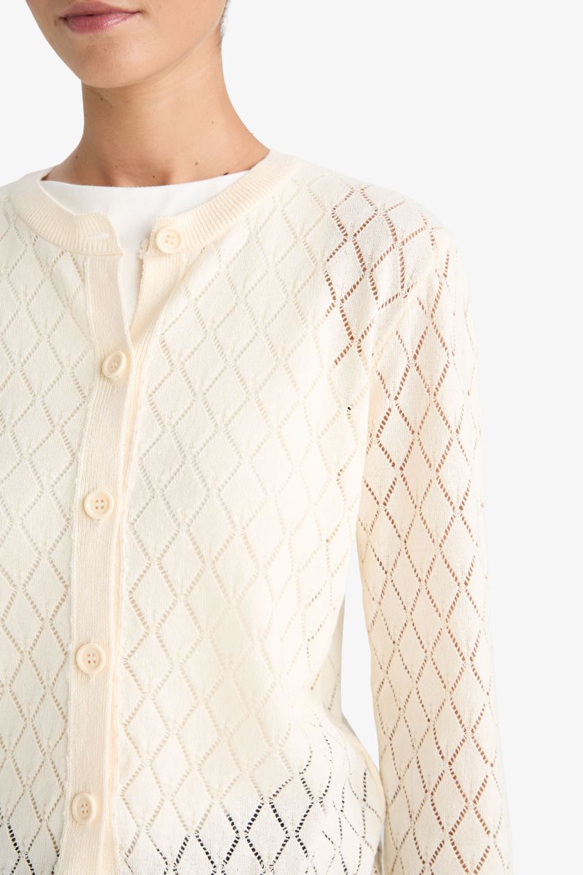 Kadın Ekru Regular Fit Bisiklet Yaka Ajurlu Düğmeli Triko Hırka