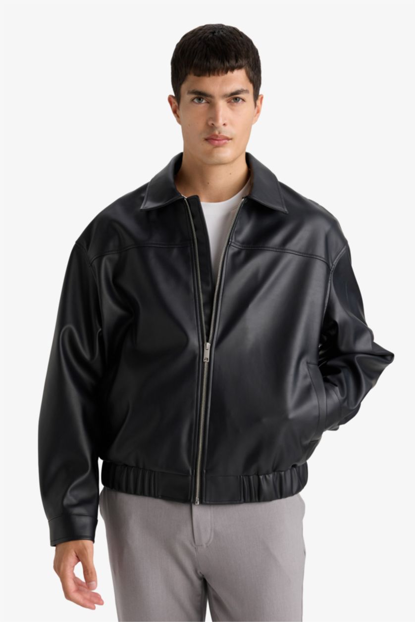Man Black Faux Leather Jacket
