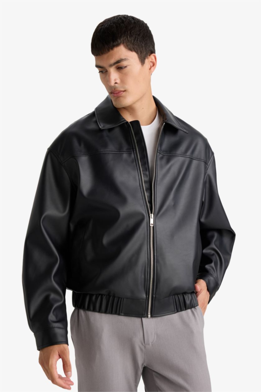 Man Black Faux Leather Jacket