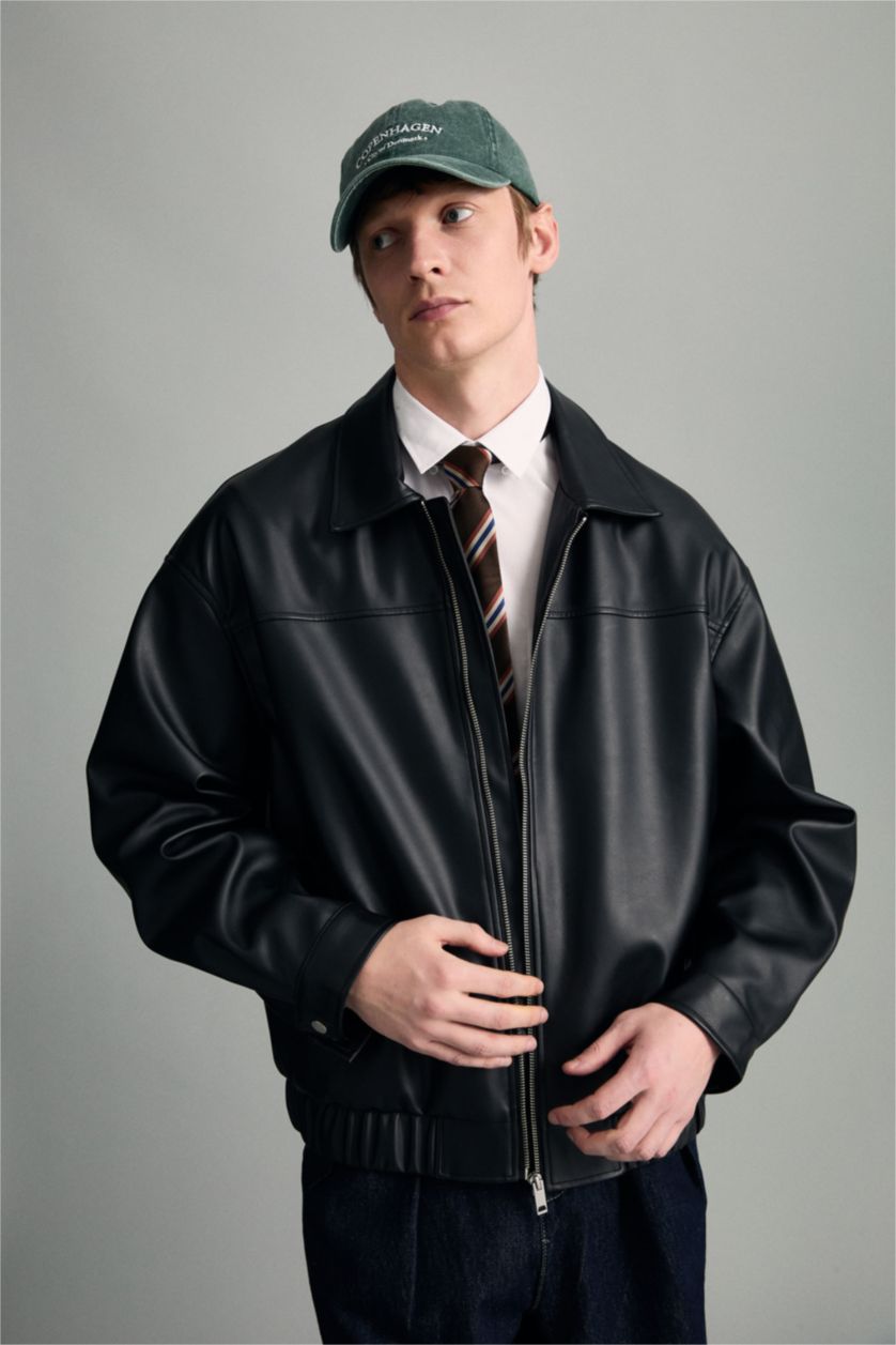 MAN Black Oversize Fit Faux Leather Jacket