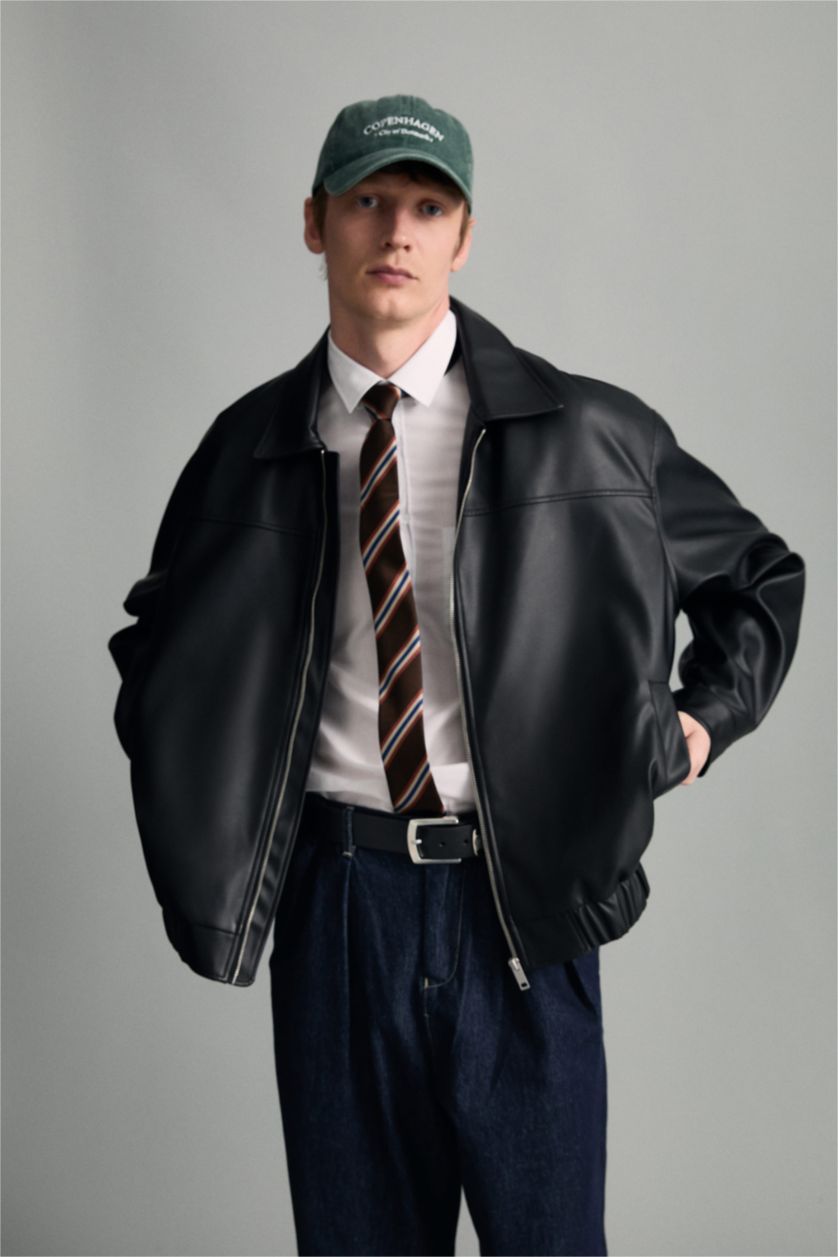 MAN Black Oversize Fit Faux Leather Jacket