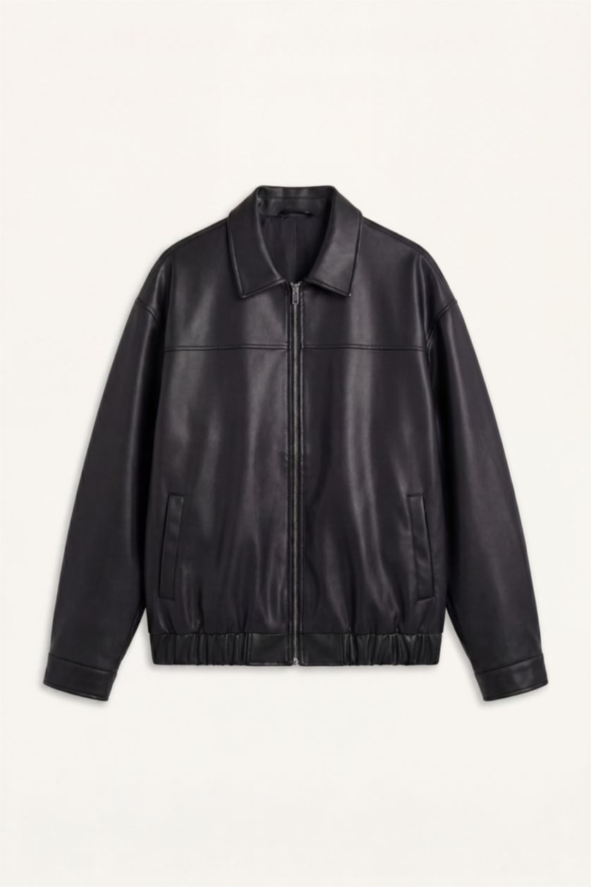 Men Black Oversize Fit Faux Leather Jacket