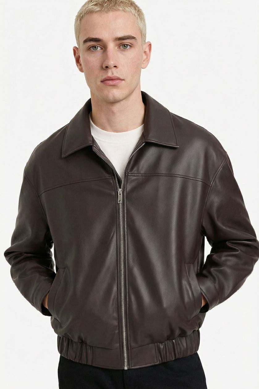 Erkek Koyu Kahve Oversıze Gömlek Yaka Fermuarlı Mont