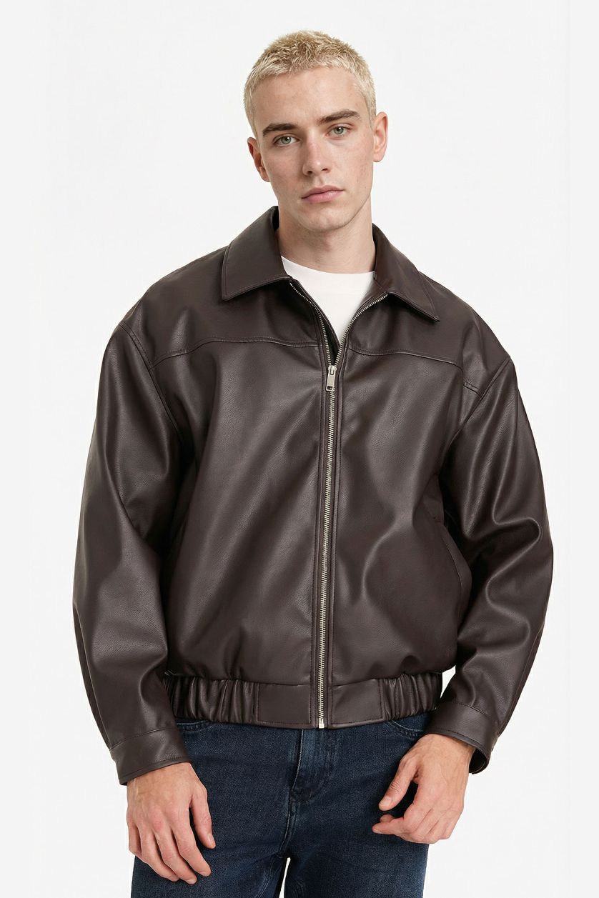 Erkek Koyu Kahve Oversıze Gömlek Yaka Fermuarlı Mont