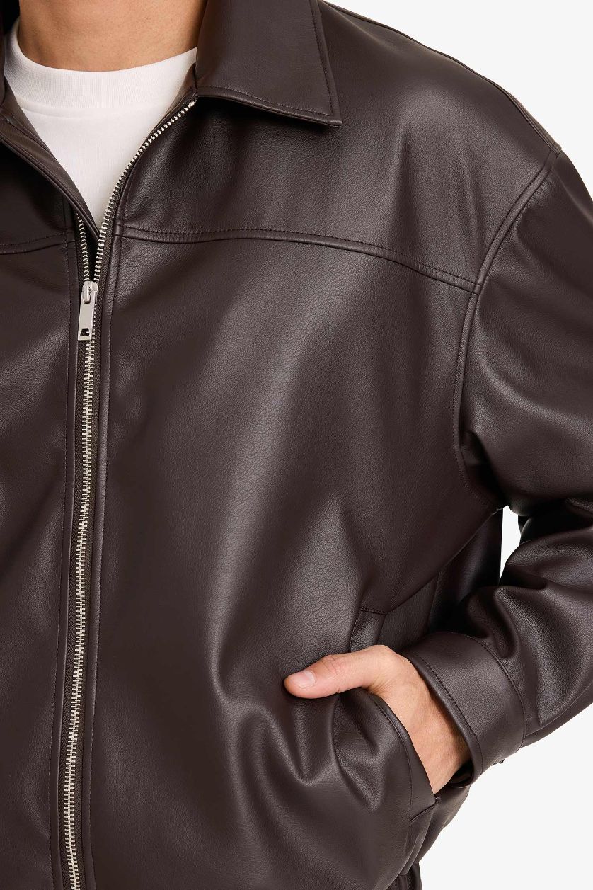 Erkek Koyu Kahve Oversıze Gömlek Yaka Fermuarlı Mont