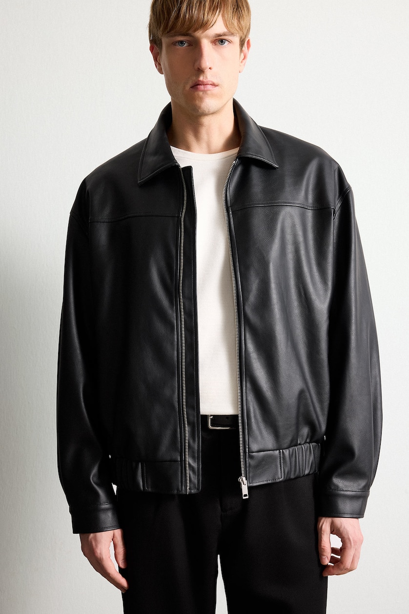 MAN Black Oversize Shirt Collar Faux Leather Zip-Up Jacket