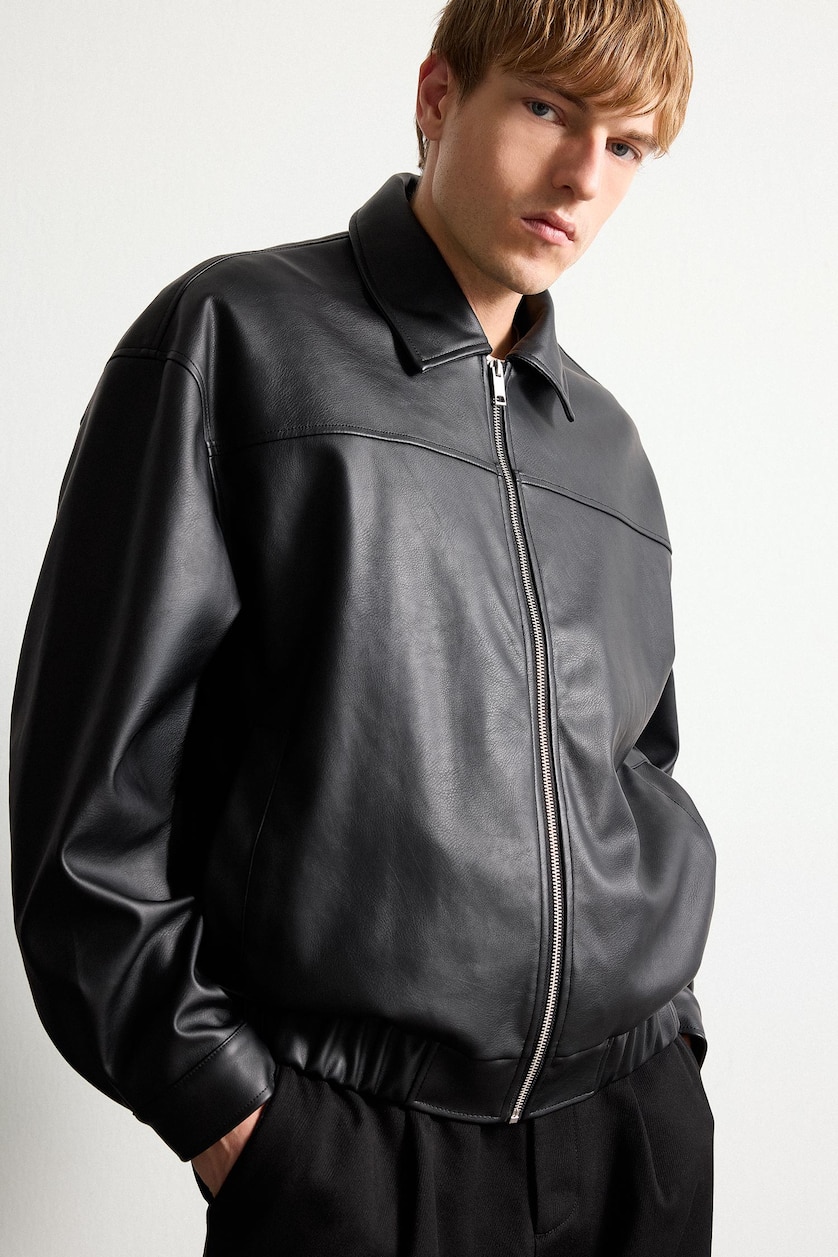MAN Black Oversize Shirt Collar Faux Leather Zip-Up Jacket