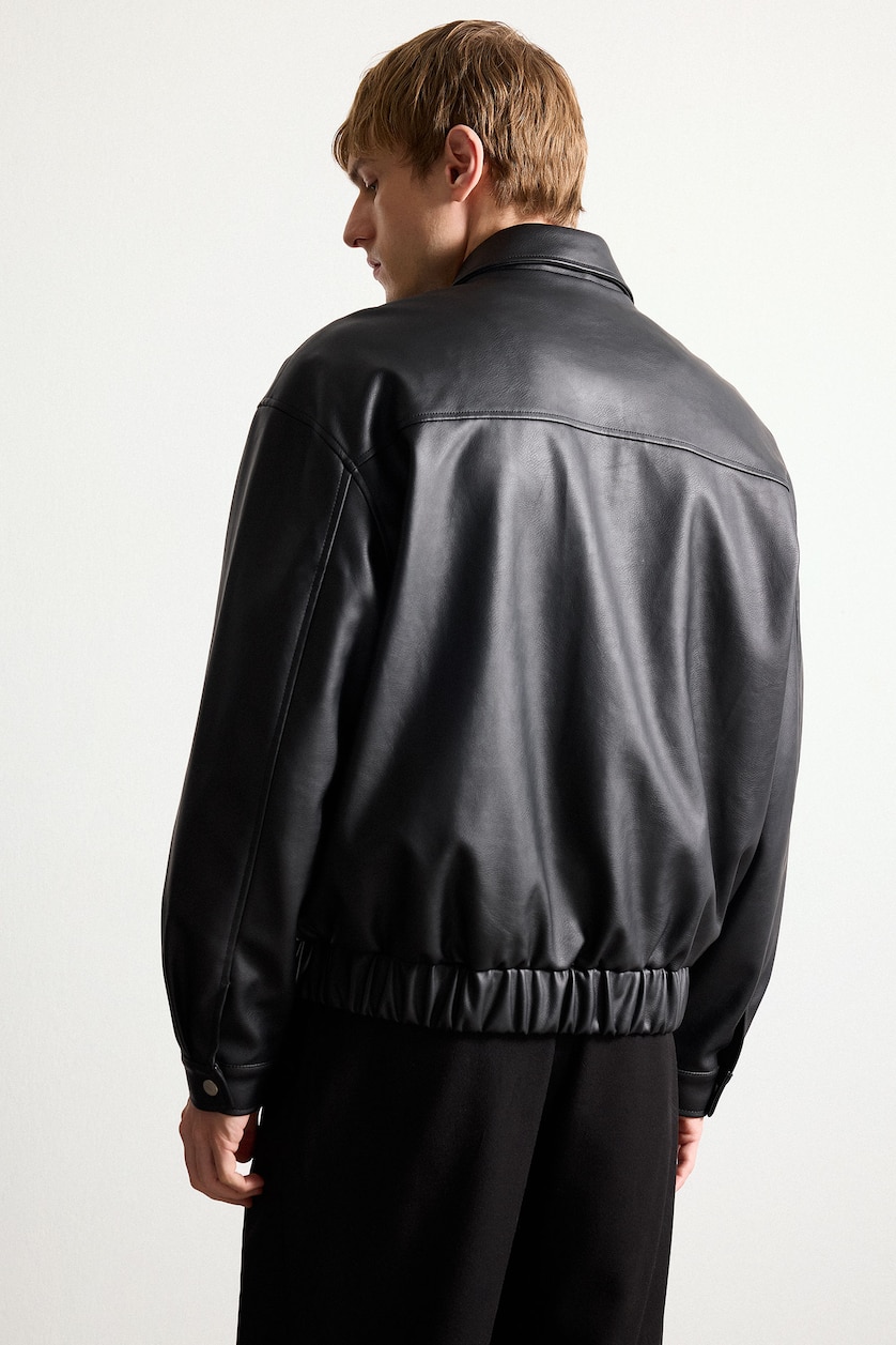 MAN Black Oversize Shirt Collar Faux Leather Zip-Up Jacket