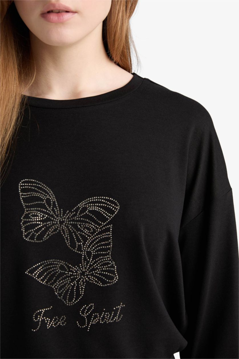 نساء أسود تيشيرت ردن طويل قصة مريحة بياقة مستديرة