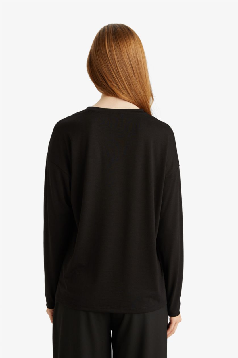 نساء أسود تيشيرت ردن طويل قصة مريحة بياقة مستديرة