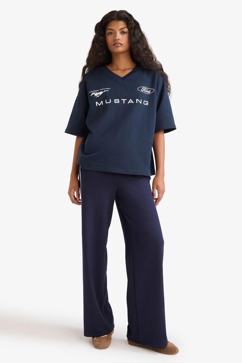 Kadın Lacivert Ford Motor Company Oversize Geniş Kalıp Bisiklet Yaka Sırt Baskılı Kısa Kollu Tişört