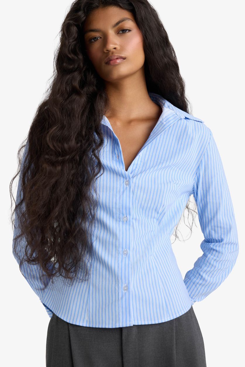 FEMME Bleu Chemise rayée en bengaline à manches longues Coupe ajustée