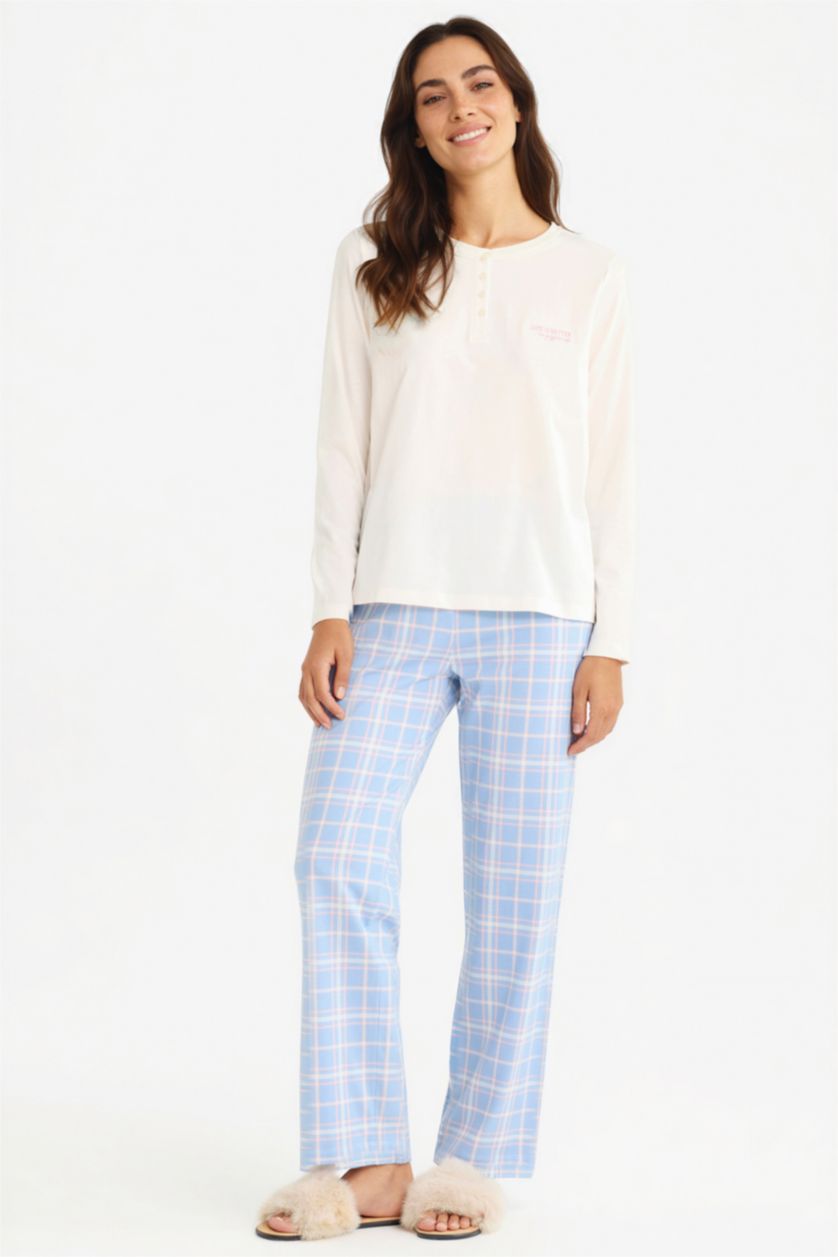 حريمي أزرق طقم بيجاما كاروهات قصة عادية كم طويل - قطعتين