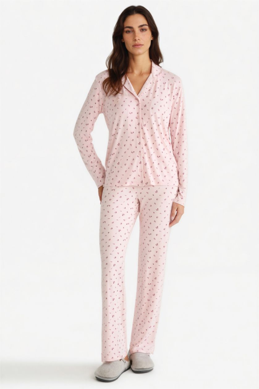 Kadın Açık Pembe Pijama Takımı Regular Fit Desenli Uzun Kollu Üst Uzun Alt