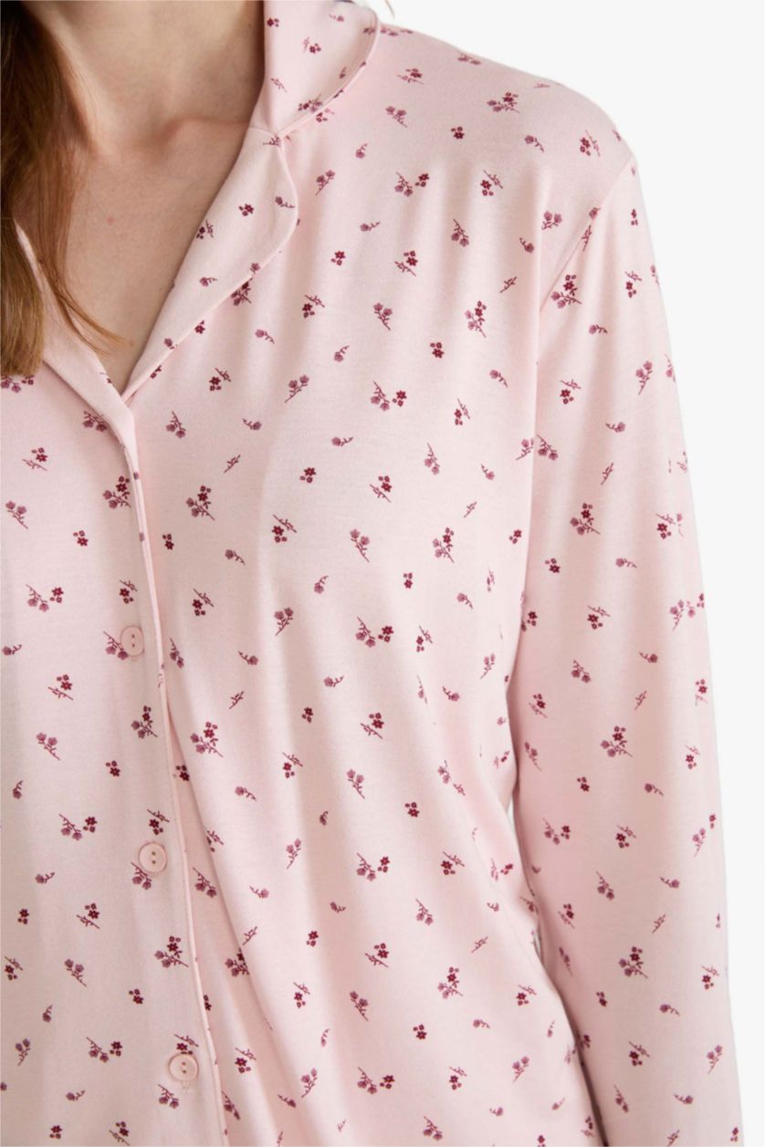 Kadın Açık Pembe Pijama Takımı Regular Fit Desenli Uzun Kollu Üst Uzun Alt