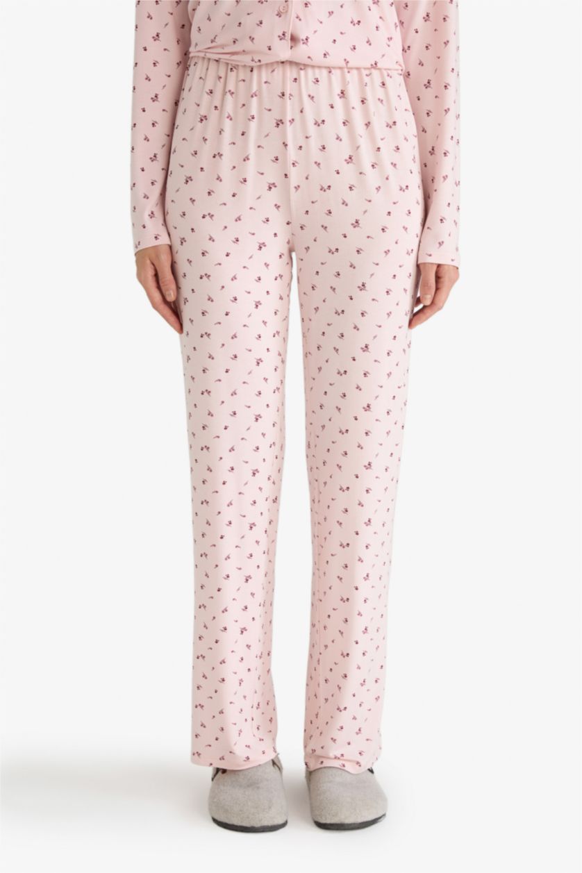 Kadın Açık Pembe Pijama Takımı Regular Fit Desenli Uzun Kollu Üst Uzun Alt