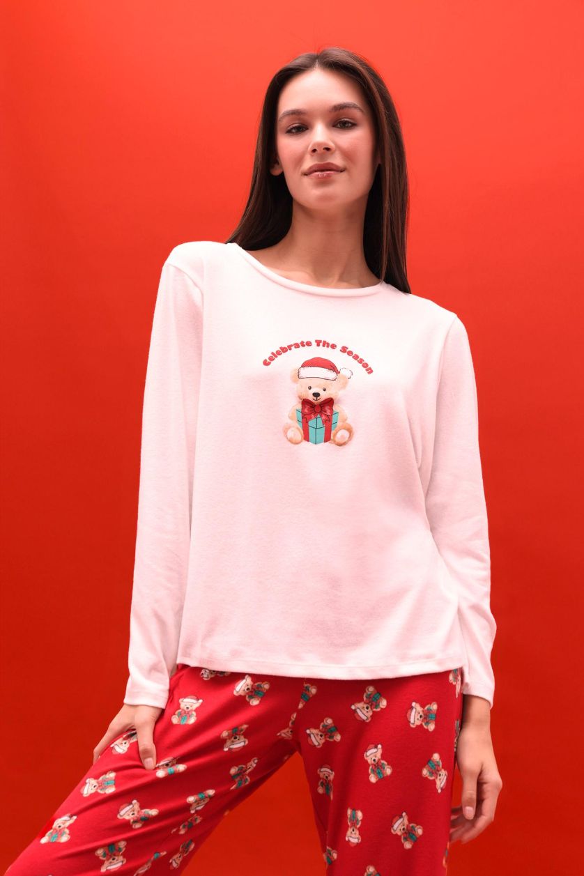 Woman Red Christmas Themed Regular Fit Long Sleeve Top Bottom 2 Piece Set